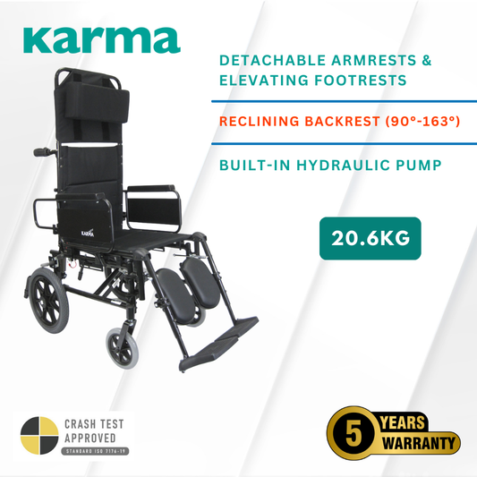 Karma KM-5000 Reclining Transport Wheelchair (17" Seat)